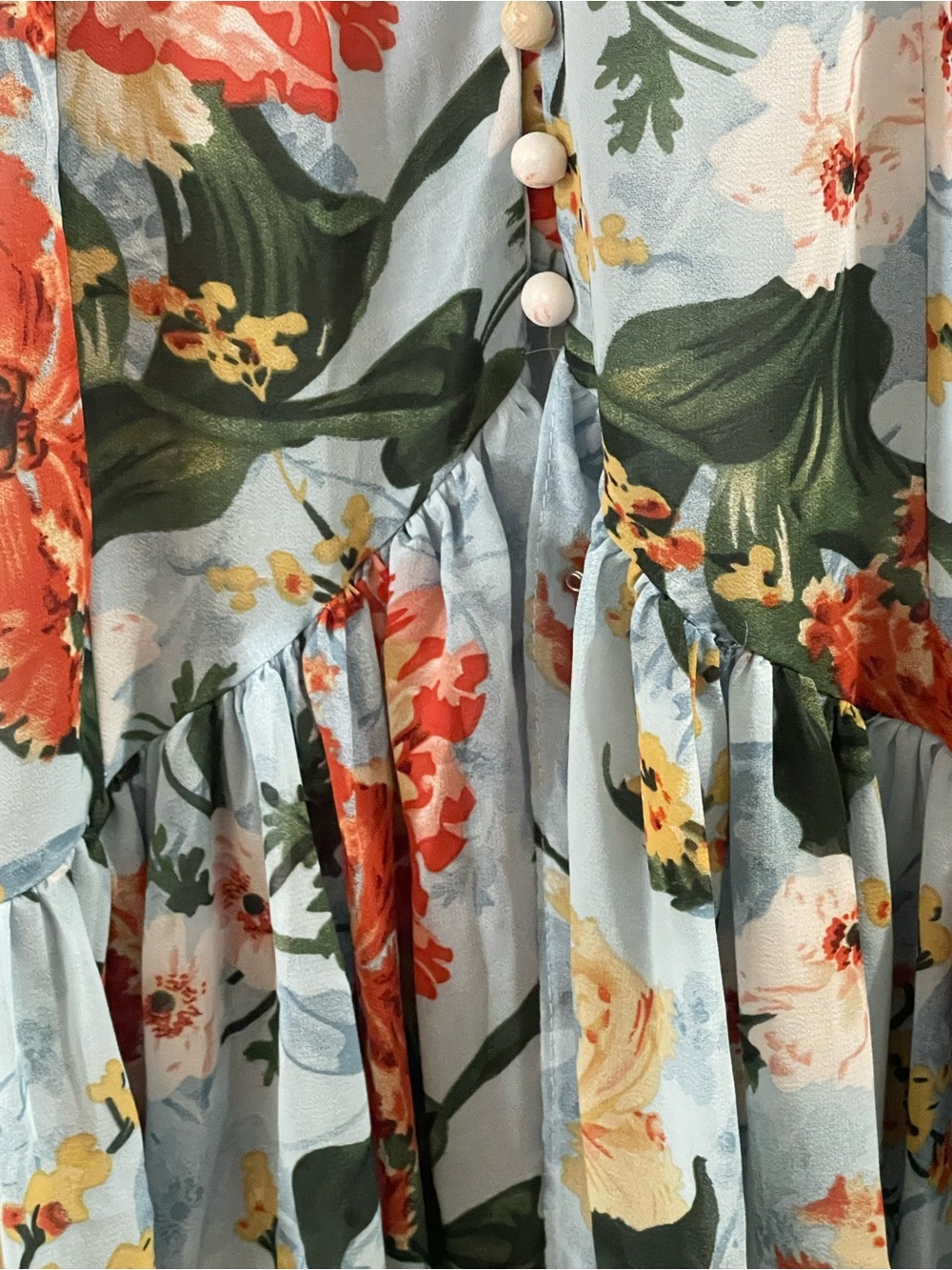 Floral V-Neck Midi Dress in Light Blue and Coral - Picture 4 of 7